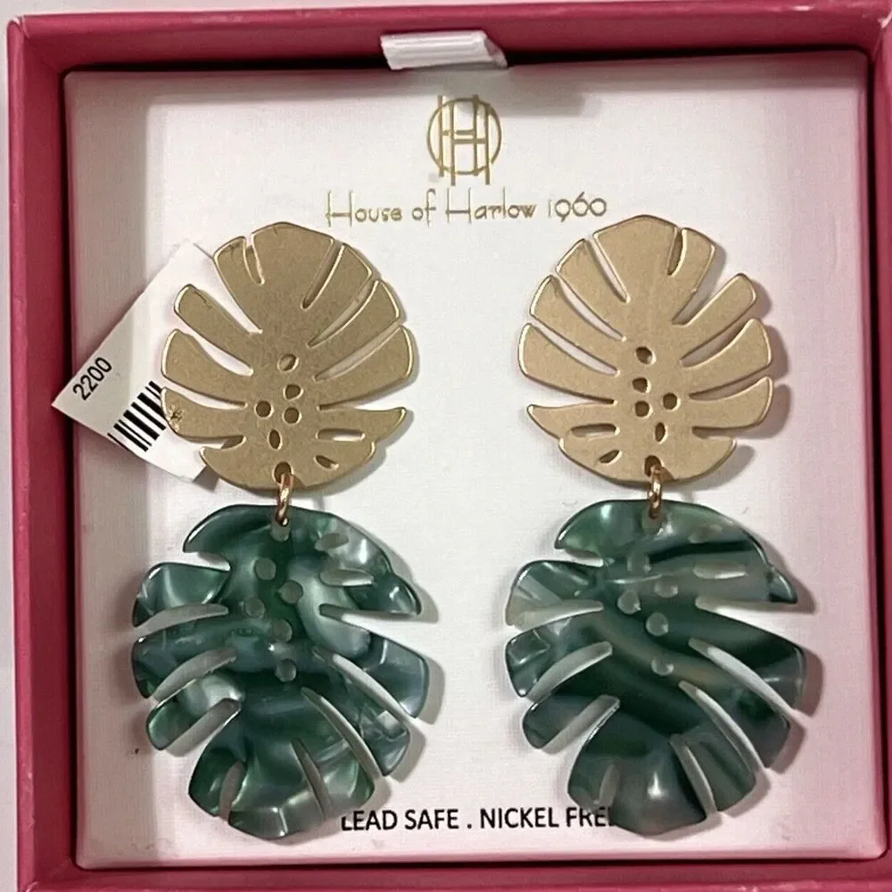 Monstera Leaf Dangling Earrings Green Gold Nickel Free Tropical Plant Palm NIB - Picture 2 of 12